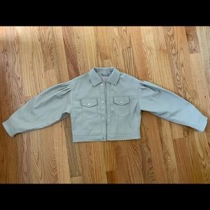 Tahari cropped faux leather tan jacket with puff sleeves